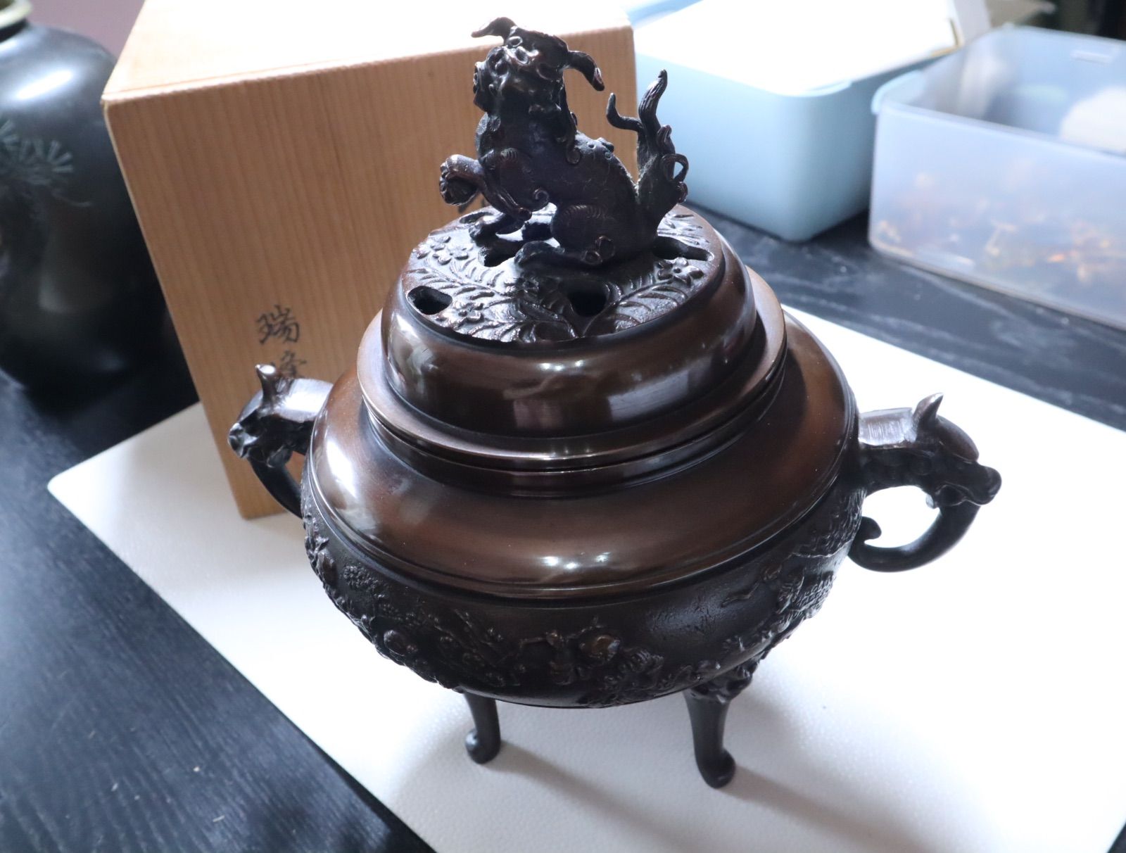瑞峰作 青銅製香炉 獅子彫刻 箱付き - メルカリ