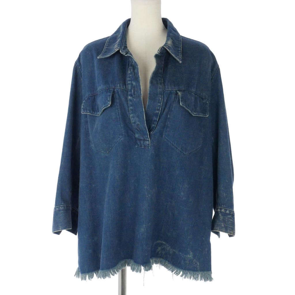 クロエ CHLOE スキッパーネック デニムシャツ 七分袖 ウォッシュド加工 34 青ブルー インディゴ