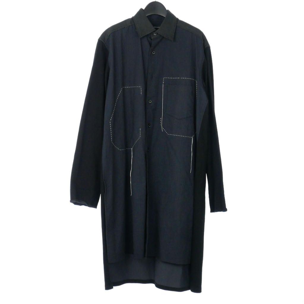 ワイスリー Y-3 ヨウジヤマモト 切替 ロングシャツ 長袖 ステッチ S 黒 紺 ブラック ネイビー DP0567