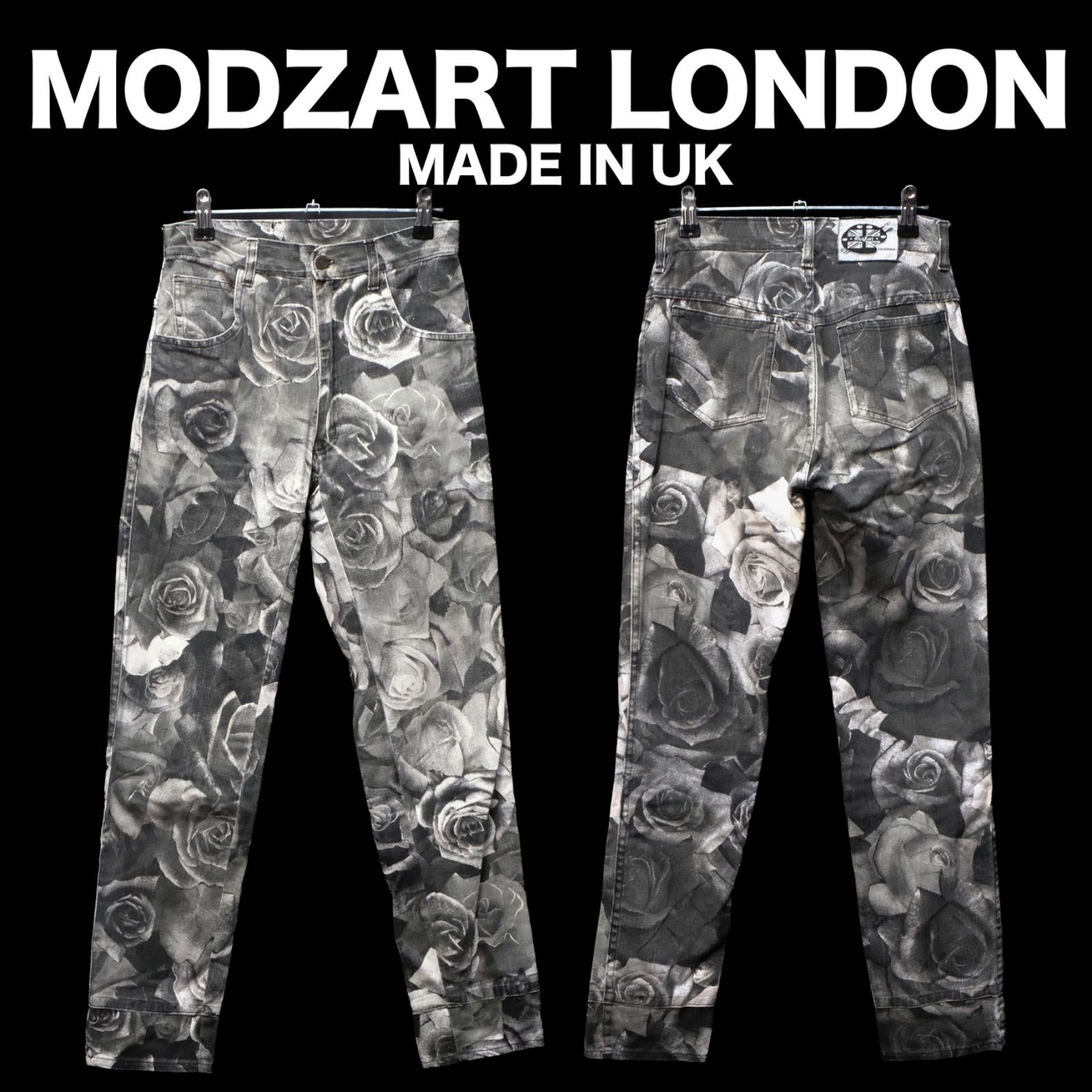 VTG UK製 MODZART LONDON バラ柄デニム ブラック/グレー W28 モザート ニューウェーブ ニューウェイヴ ロンドンパンク UKパンク ポストパンク ゴシック ゴス ポジパン ハードコア スキニー スリム ジーンズ