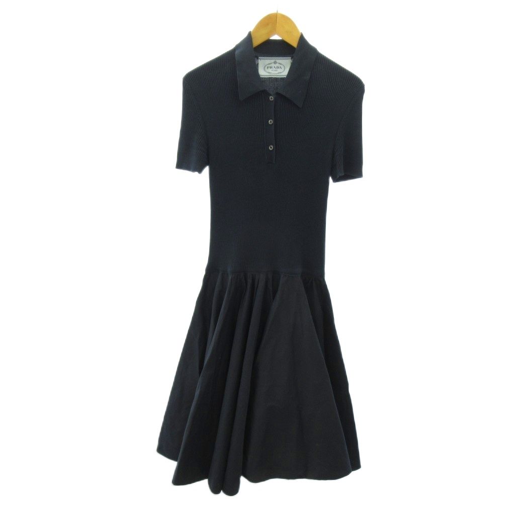 プラダ PRADA ワンピース ニット 切替 ハーフボタン 半袖 ロング丈 40 紺 ネイビー 0615