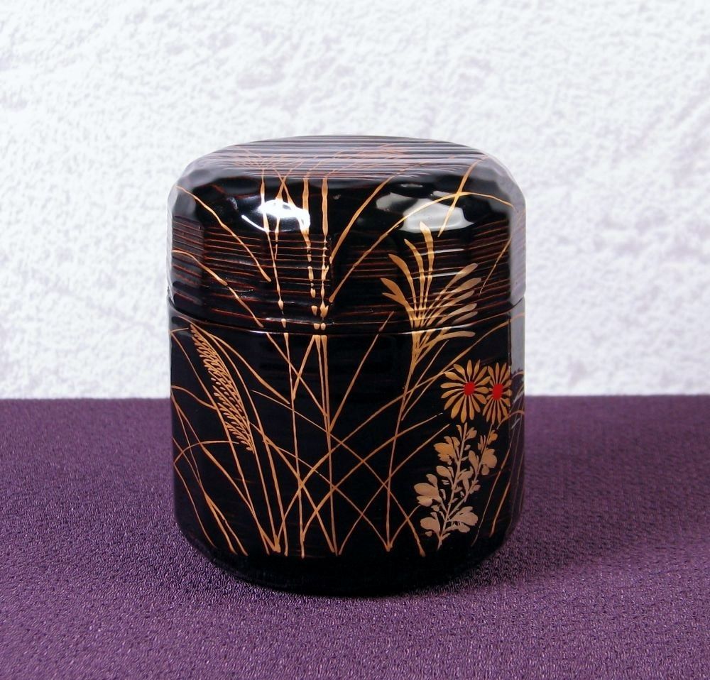 坂田峰俊作 すすき野折ため棗 高さ：7.7cm 極美品 茶道具/26e045