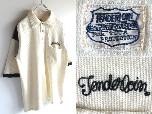 TENDERLOIN テンダーロイン T-POLO SHT ロゴ刺繍 チェーン刺繍 コットン ワッフル サーマル ボーリング ポロシャツ S エクリュ 黒 日本製