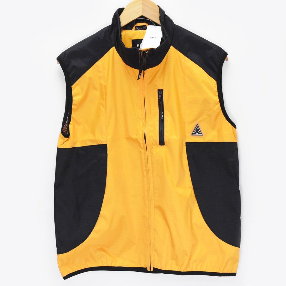 新品 未使用 2020 HUF ハフ PEAK TECH VEST ピークテックベスト ナイロン ジップアップ ベスト メンズ S 撥水 イエロー ブラック パーシモン 20SJK00223SP20 春 夏