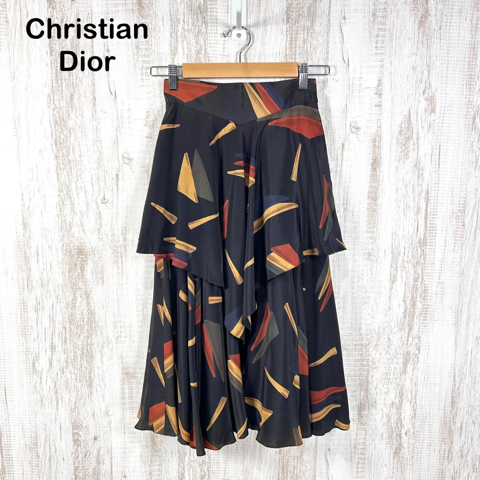 美品 90s Christian Dior クリスチャンディオール 幾何学模様 総柄 シルク ティアードスカート ブラック