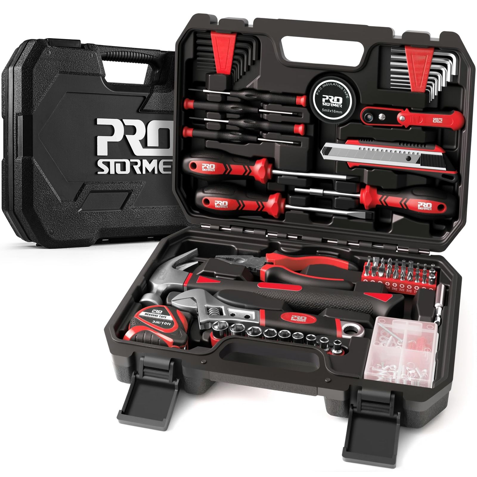 Prostormer 160点 家庭用多機能工具セット(収納ケース付) バイク・自転車・車整備、オフィス・日曜大工・家具組立に最適な基本手用具セット 木ねじアソートキットと工具箱付属 (red)★ 0abebbb8