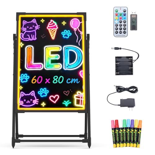 Falala 看板 led 電光掲示板 60x80cm スタンド 立て 壁掛け式?用 手書き 8色マーカー 7色点滅モード DIYメッセージ ネオン 蛍光板 光る 店舗用 宣伝効果 目立つ a型看板 国内発送
