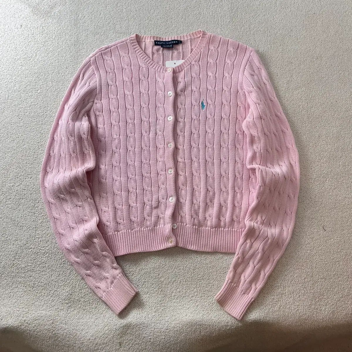 W 100 POLO RALPH LAUREN(ポロラルフローレン) ピンク ケーブル編み コットン カーディガン