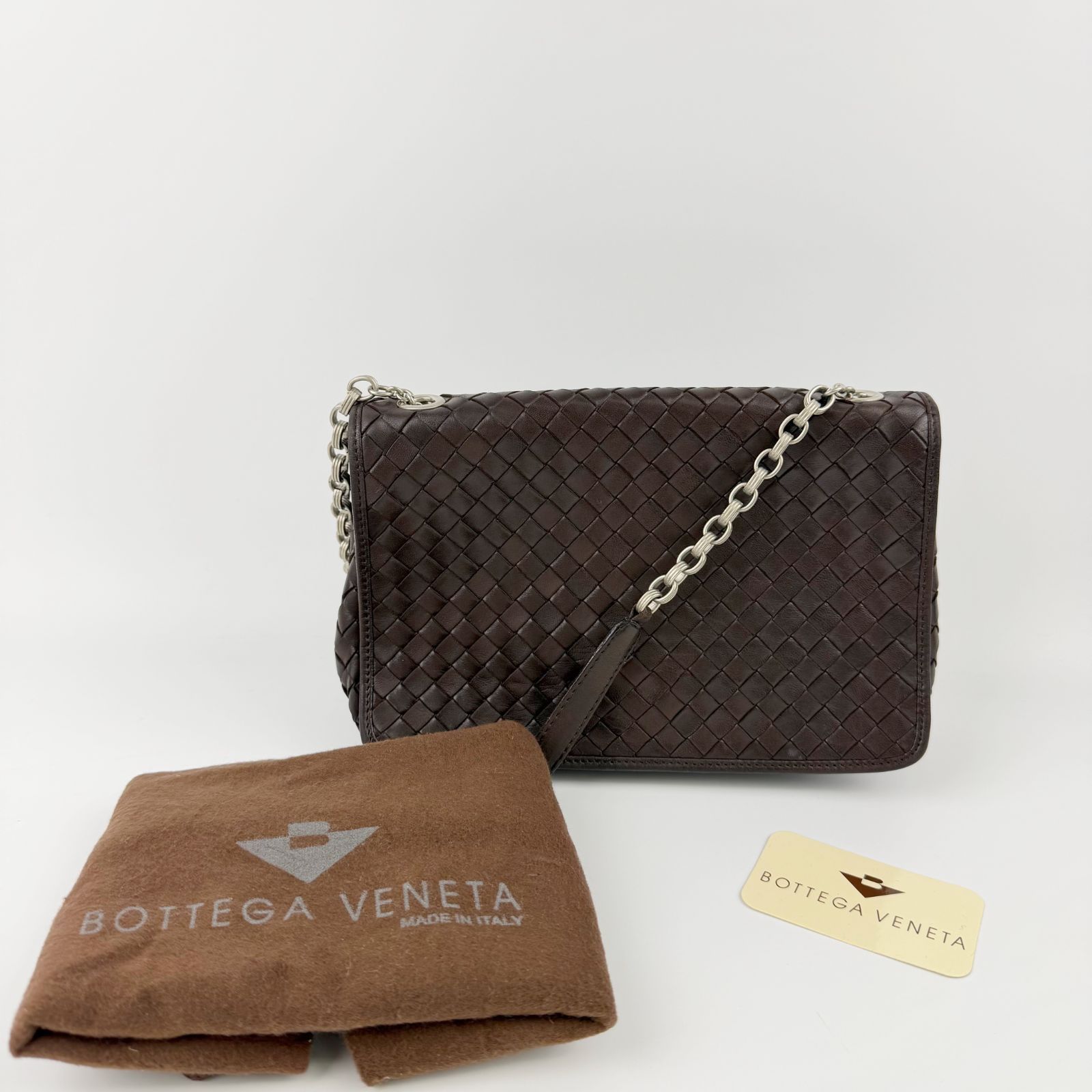 【中古】BOTTEGA VENETA ボッテガヴェネタ イントレチャート チェーンショルダー フラップバッグ ショルダーバッグ レザー ブラウン ヴィンテージ レディース HIBUOCHI VINTAGE hboc260612a02