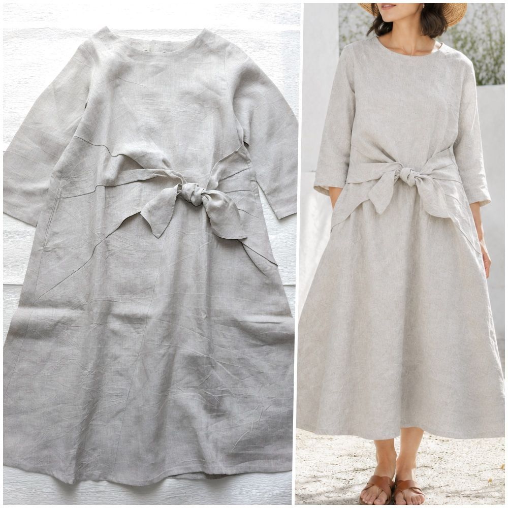 春夏 未使用品 リネン 麻100 フルールドポム fleur de pomme アップルハウス レディース ワンピース ナチュラル グレージュ リボン 優しい風合いとアシンメトリーなウエストリボンが描くナチュラルエレガンス フリーサイズ 日本製 ロング丈