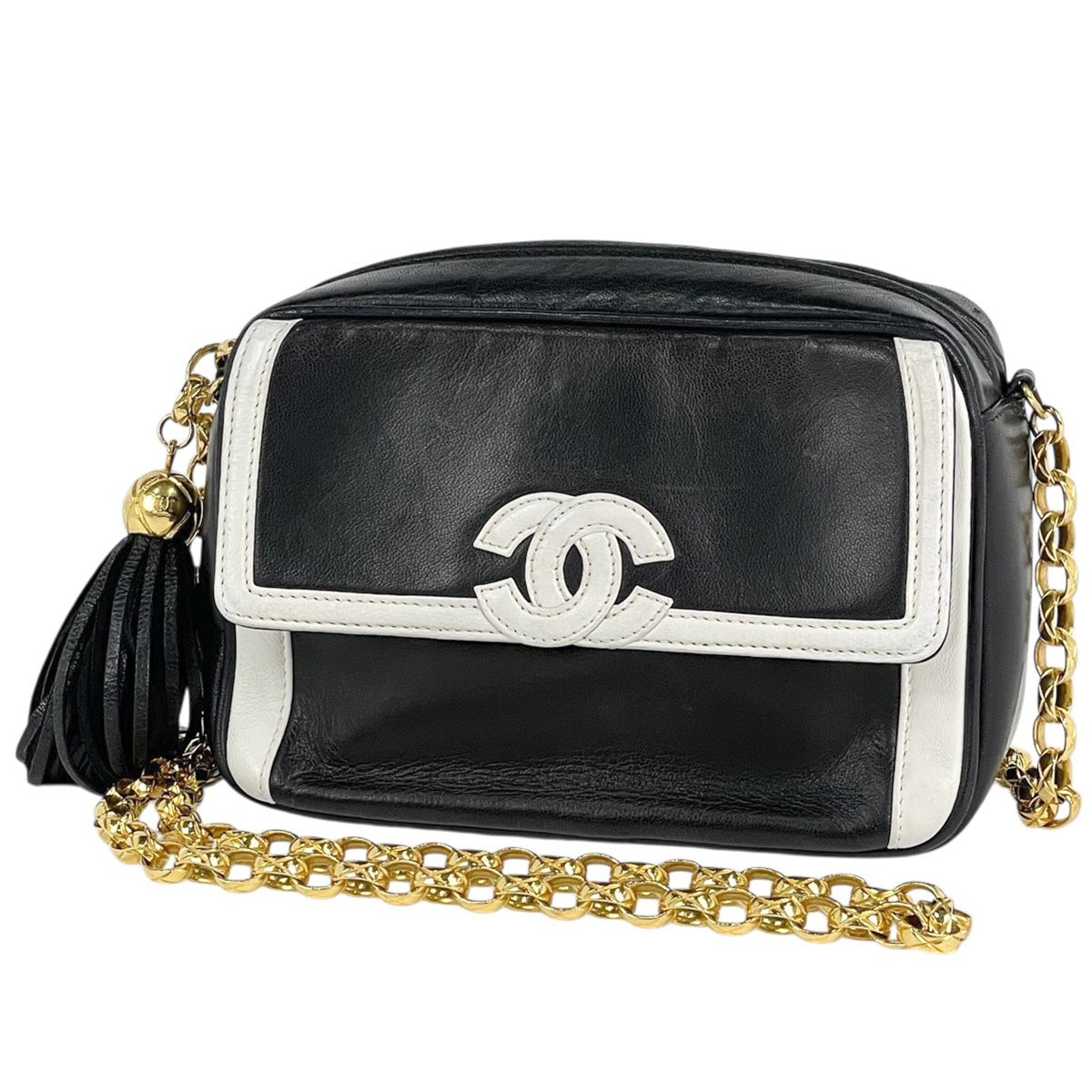 シャネル CHANEL ココマーク フリンジ チェーン ショルダーバッグ レザー ブラック ホワイト レディース 【中古】