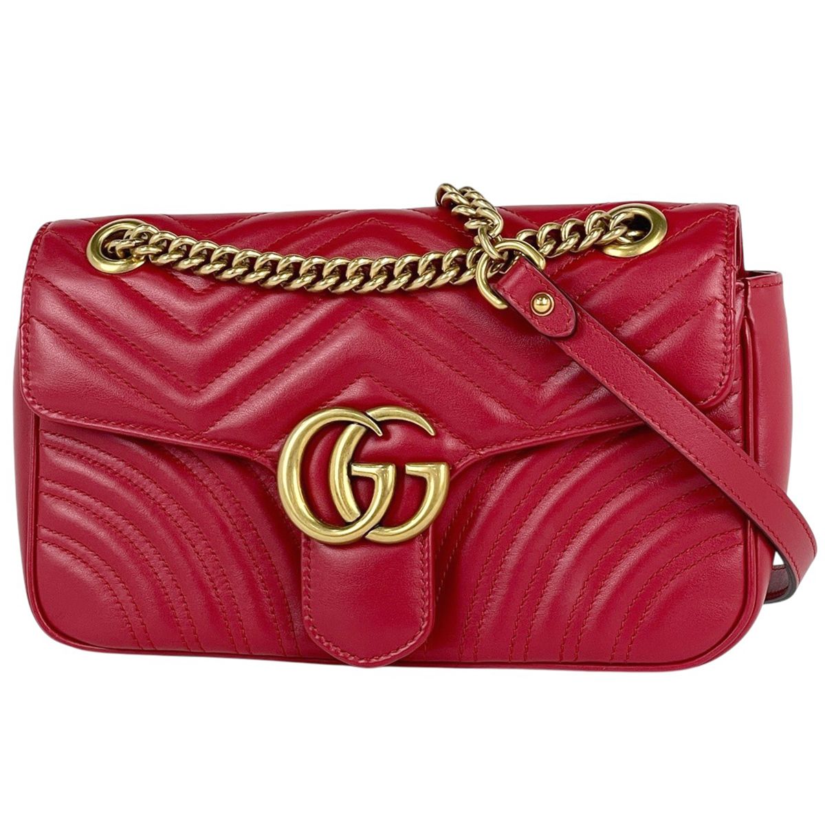 グッチ GUCCI GGマーモント キルティング スモール ショルダーバッグ ダブルG レザー レッド 443497 レディース 【中古】