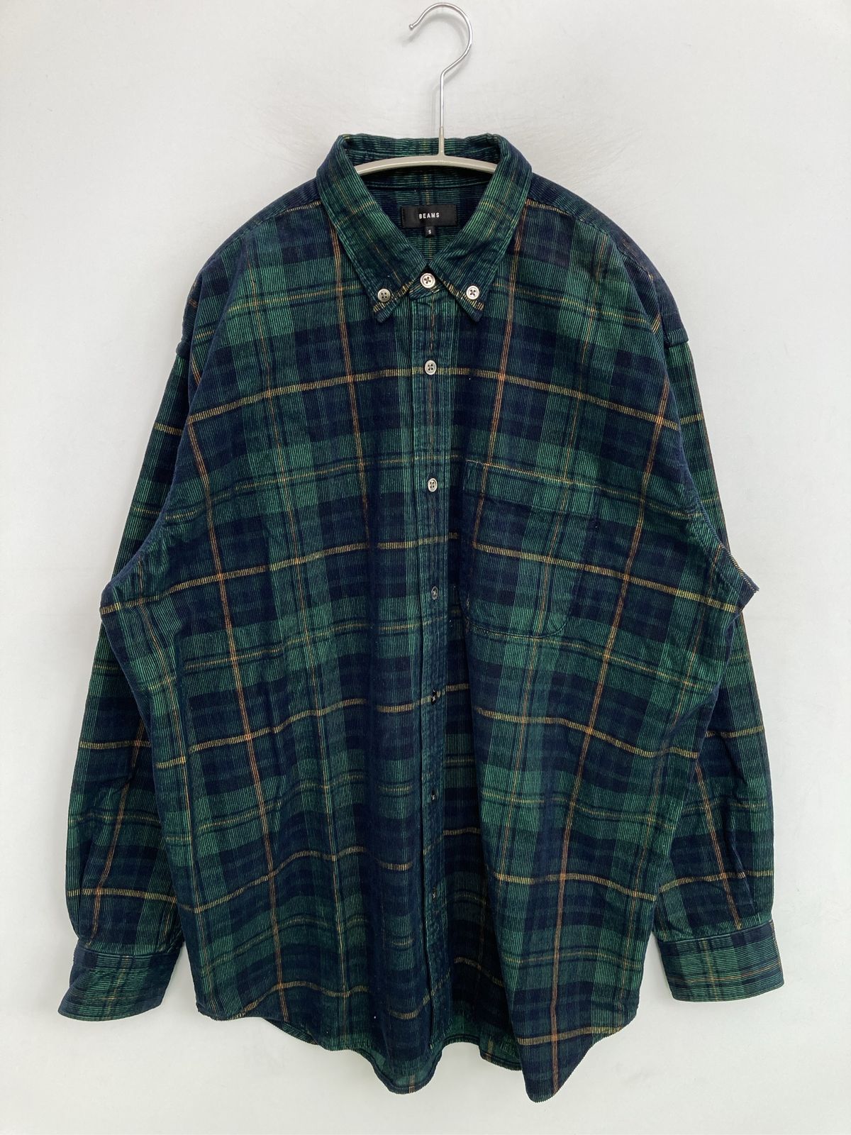 BEAMS ビームス シャツ/ブラウス S グリーン コットン チェック柄 ミドル丈 長袖 ボタンダウン メンズ レディース