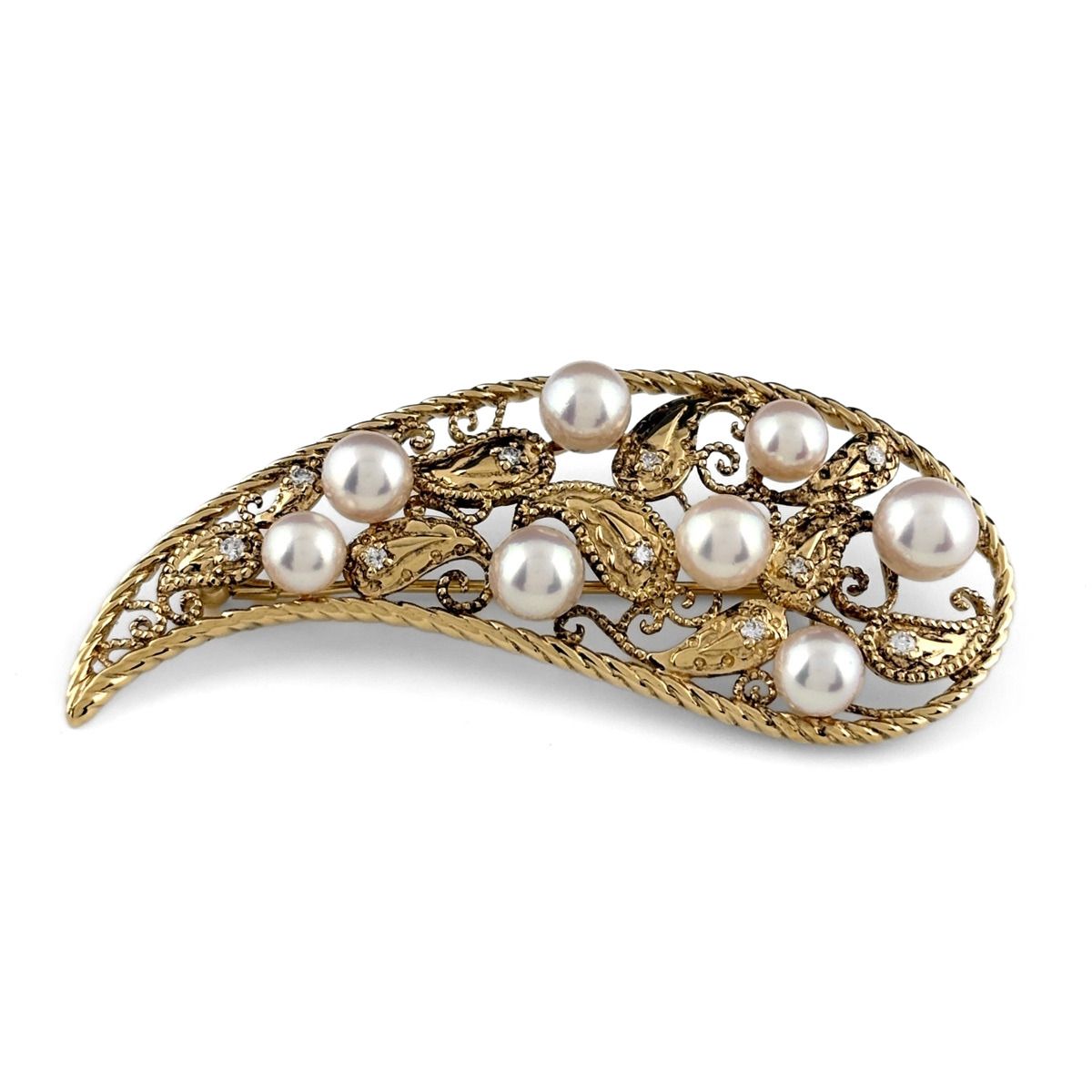 ミキモト MIKIMOTO パール ブローチ YG イエローゴールド メレダイヤ 真珠 ペイズリー ブローチ K18 パール ダイヤモンド レディース 【中古】