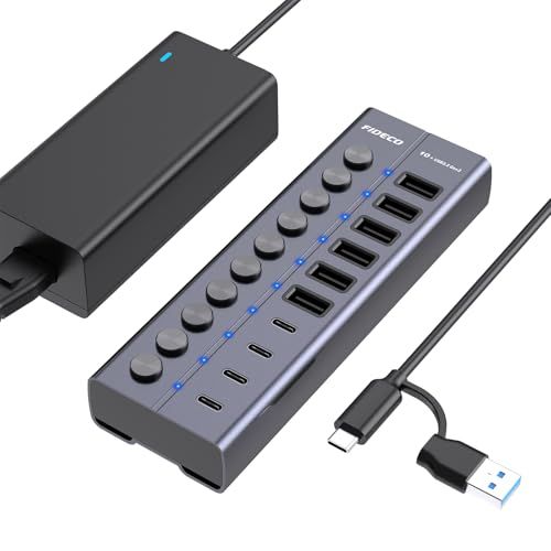 FIDECO 60W USBハブ 電源付き 10ポートの 拡張 セルフパワー 10Gbps USBスプリッター USB Hub 10Gbps高速データ伝送 アルミ製USB 3.2 Gen 2マルチポートアダプター 独立スイッチ付き USB-C 7cfc11ec