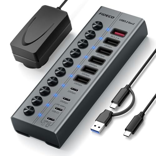 FIDECO 10ポート 72W 電源付きUSBハブ BC1.2ポート×1、PD 45W充電ポート×2、USB 3.2ポート×7（USB-A×5 + USB-C×2）搭載 アルミ製 10Gbps USBハブ（ノートPC、デスクトップPC、Ma 2d7cdd2e