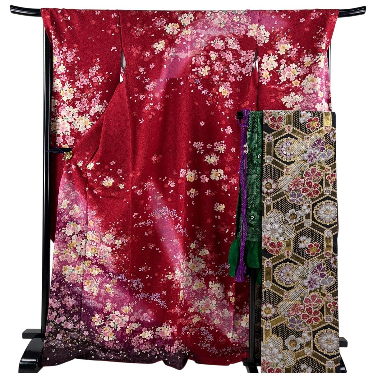 振袖 身丈170.5cm 裄丈70cm L 袷 袋帯フルセット 桜 桜の花びら 金通し 金彩 赤 正絹 名品 【中古】