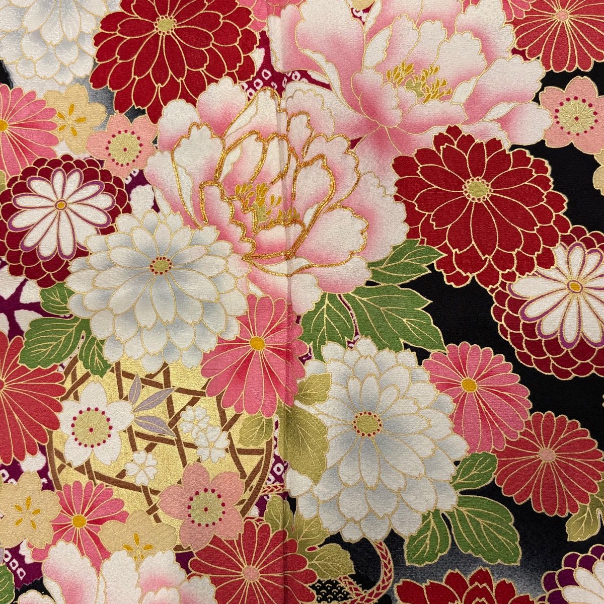 美品】 振袖 身丈172.5cm 裄丈70cm L 袷 袋帯フルセット 花籠 梅 金糸 