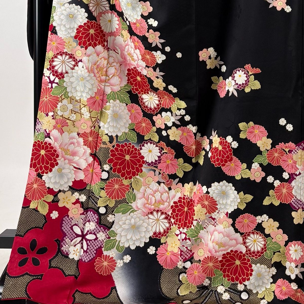 美品】 振袖 身丈172.5cm 裄丈70cm L 袷 袋帯フルセット 花籠 梅 金糸 