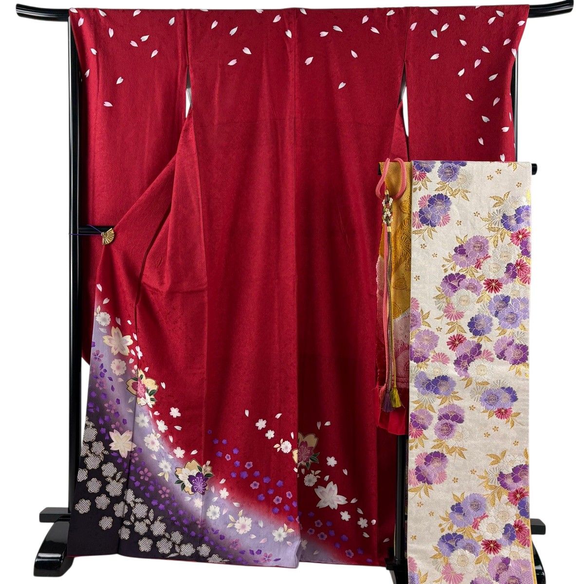 【振袖フルセット】身丈162.5cm 裄丈67.5cm 桜 流水 箔 金彩 赤 美品】 振袖 身丈170cm 裄丈68.5cm L 袷 袋帯フルセット 桜 桜の花びら