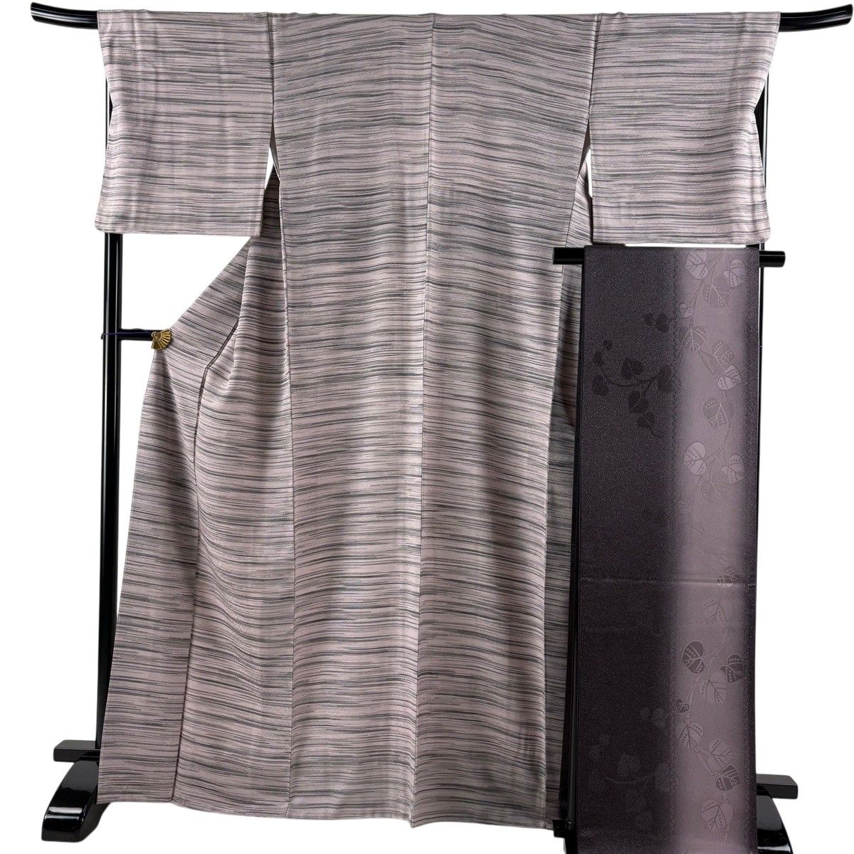【美品】 小紋 身丈168cm 裄丈69cm L 袷 袋帯セット 横縞 灰紫 正絹 秀品 【中古】