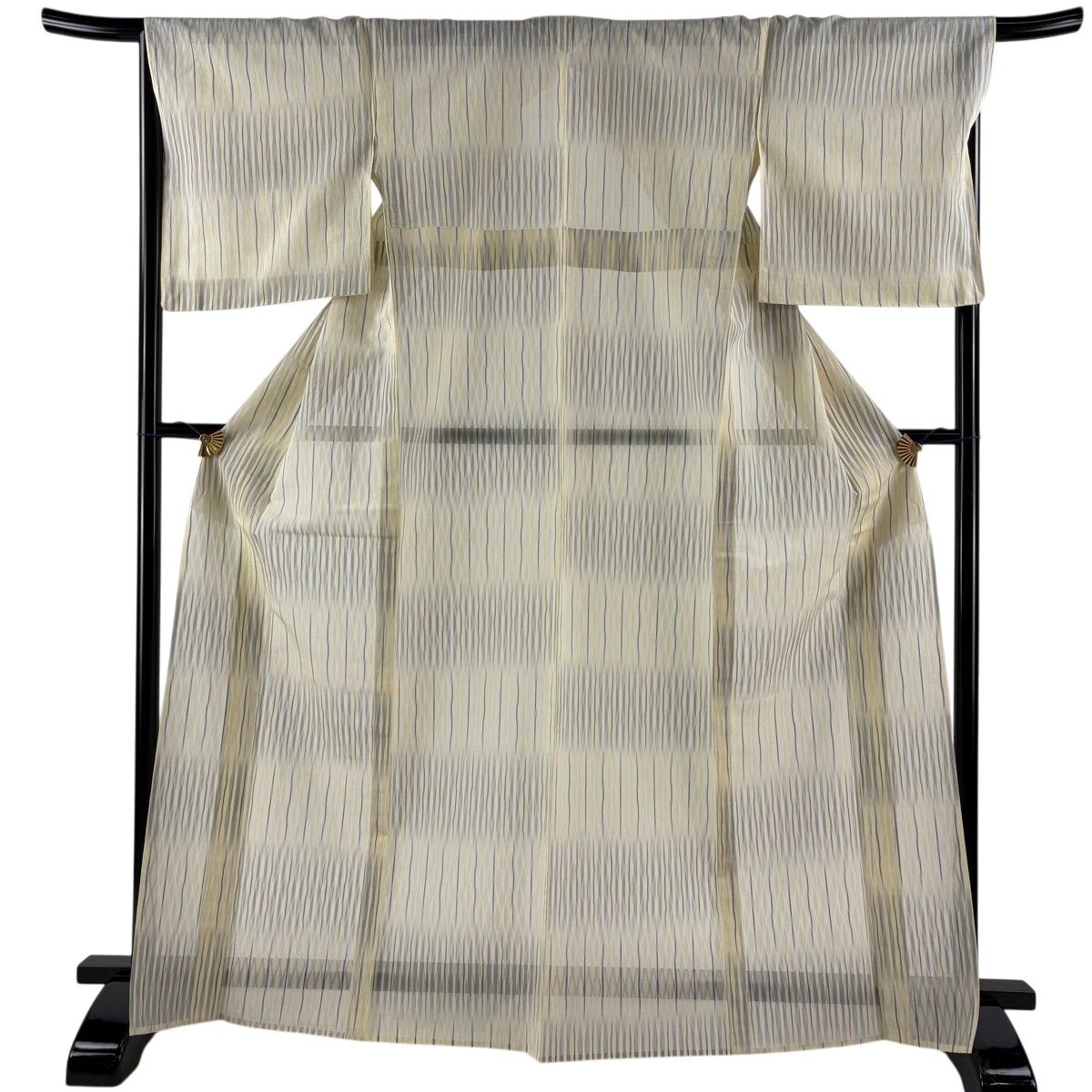 【美品】 紬 身丈167.5cm 裄丈67cm M 薄物 明石縮 夏紬 証紙 縞 変わり市松 薄黄 正絹 逸品 【中古】