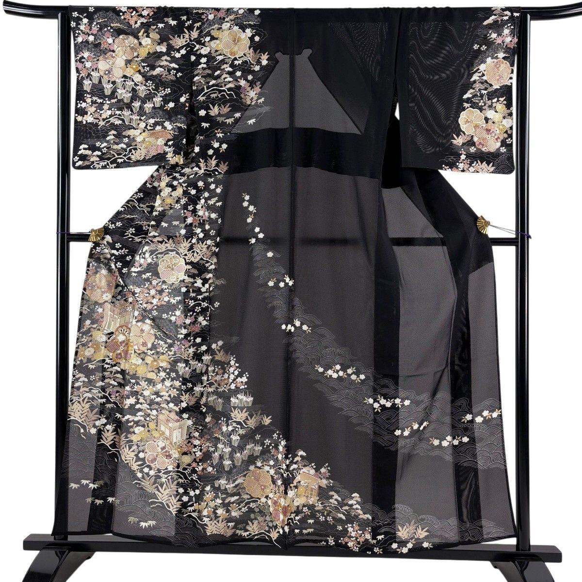 【美品】 訪問着 身丈157cm 裄丈64.5cm M 薄物 絽 御所車 松竹梅 金糸 金彩 黒 正絹 逸品 【中古】
