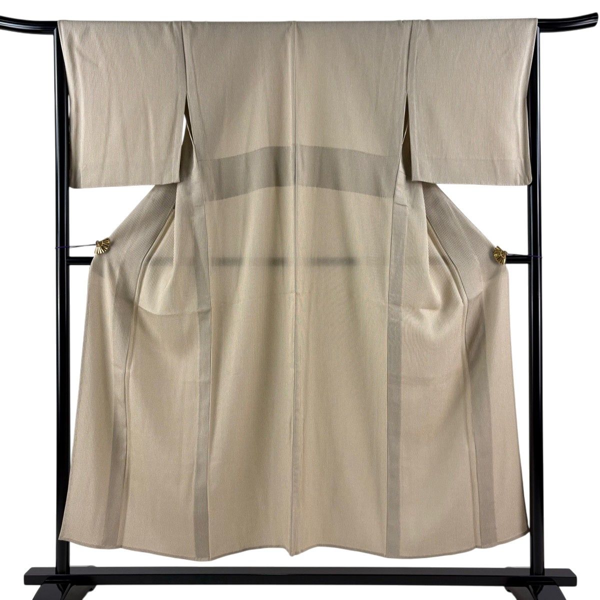 【美品】 お召 身丈151cm 裄丈66cm M 薄物 バチ衿 縦縞 ベージュ 正絹 逸品 【中古】