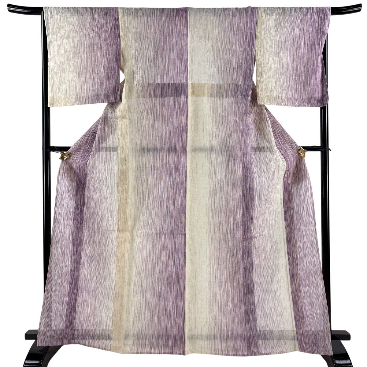 【美品】 紬 身丈166cm 裄丈67cm M 薄物 小千谷縮 乱絣 やまと 証紙 縞 紫 麻 逸品 【中古】