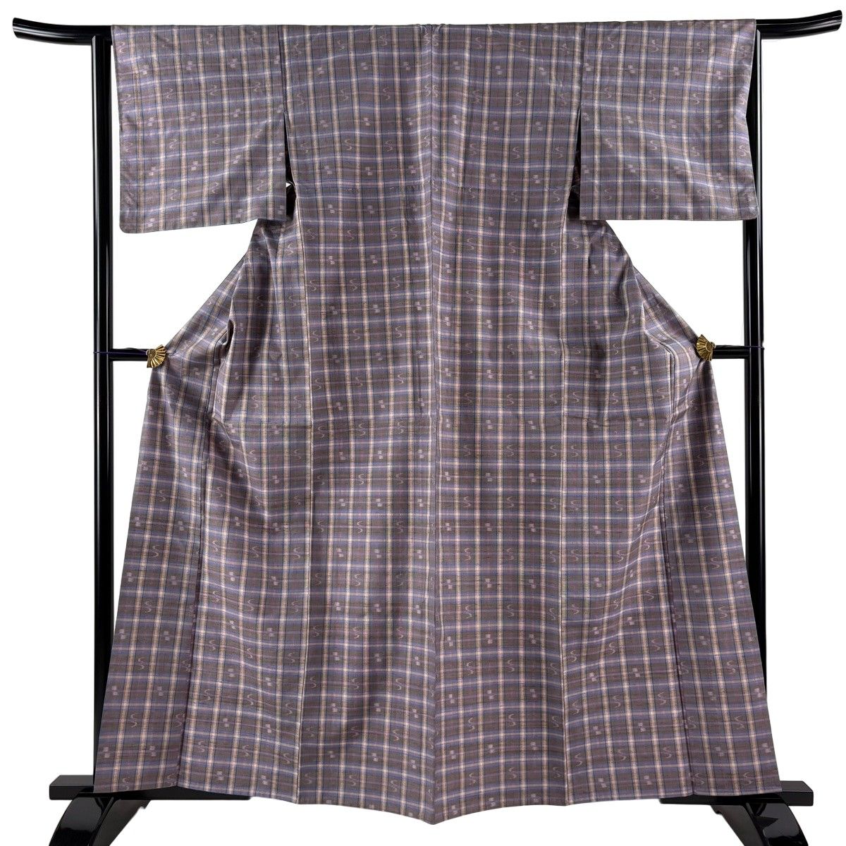 【美品】 紬 身丈161cm 裄丈64cm M 単衣 琉球本紬 草木染 証紙 格子 幾何学 茶紫 正絹 逸品 【中古】