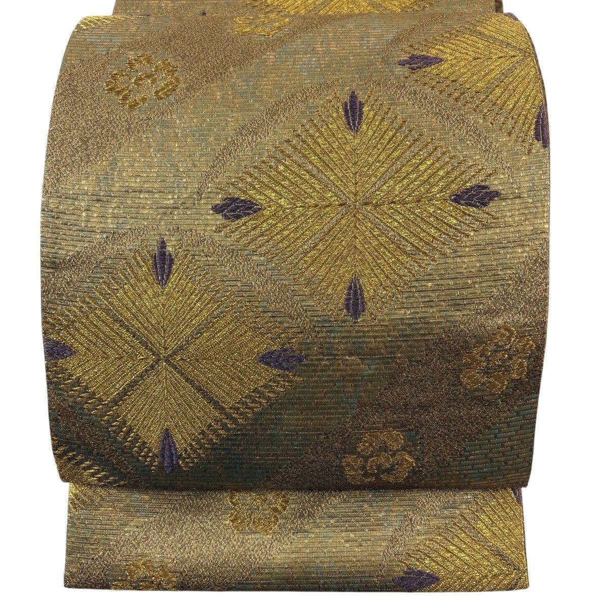 【美品】 袋帯 逸品 菱 花 箔 金糸 金茶 六通 正絹 【中古】