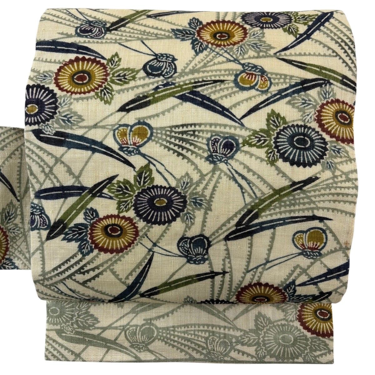 【美品】 名古屋帯 逸品 栗山吉三郎 落款 夏帯 菊 蝶 クリーム 麻 【中古】