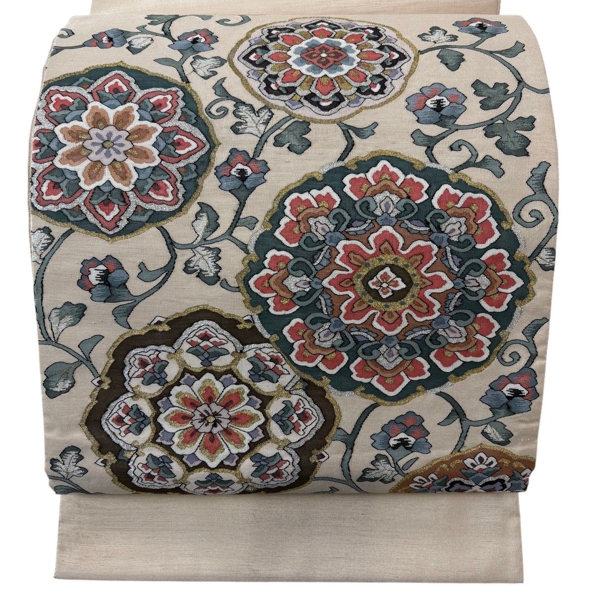 袋帯 逸品 綴れ 華文 花唐草 金銀糸 ベージュ お太鼓柄 正絹 【中古】