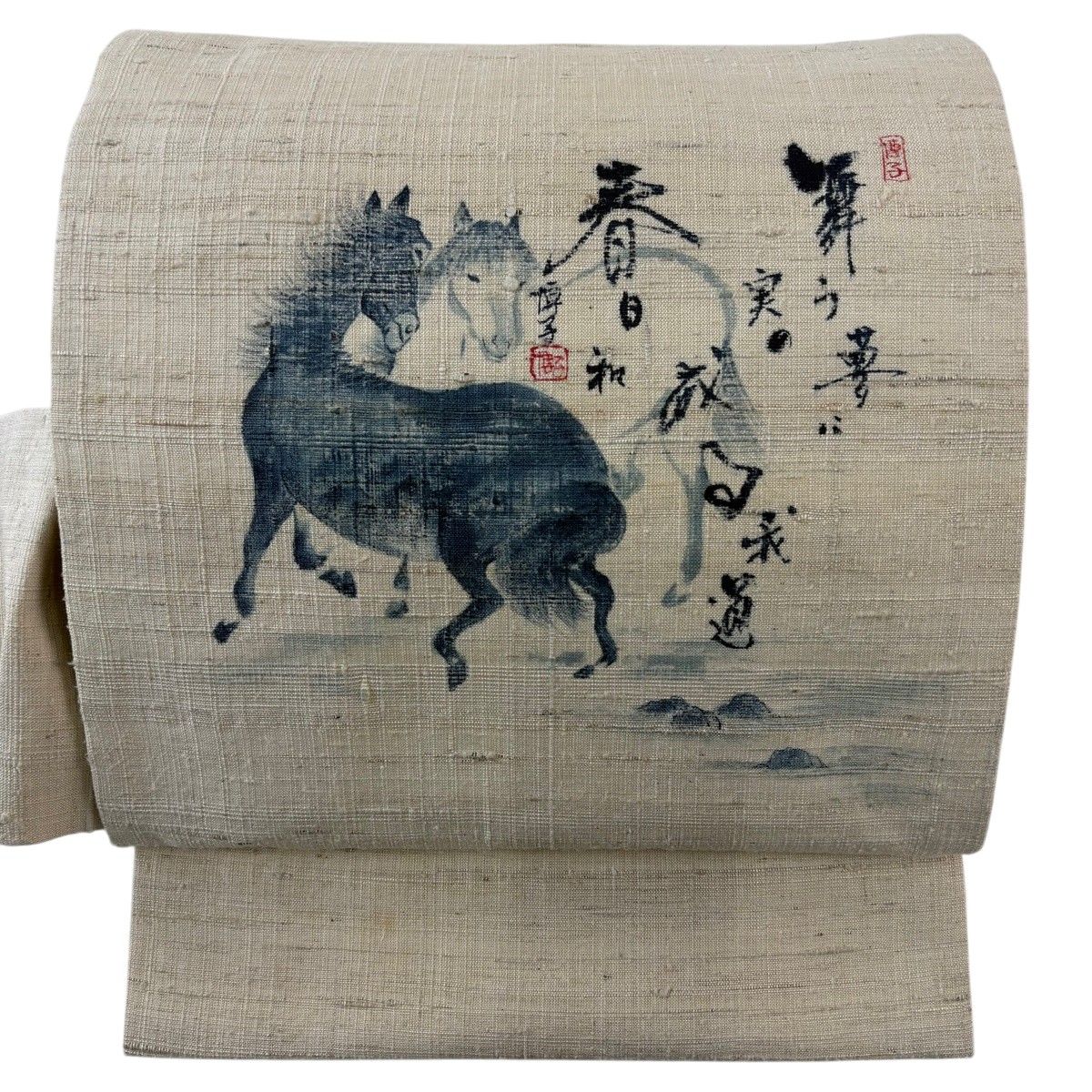 【美品】 名古屋帯 逸品 落款 紬地 馬 ベージュ 正絹 【中古】