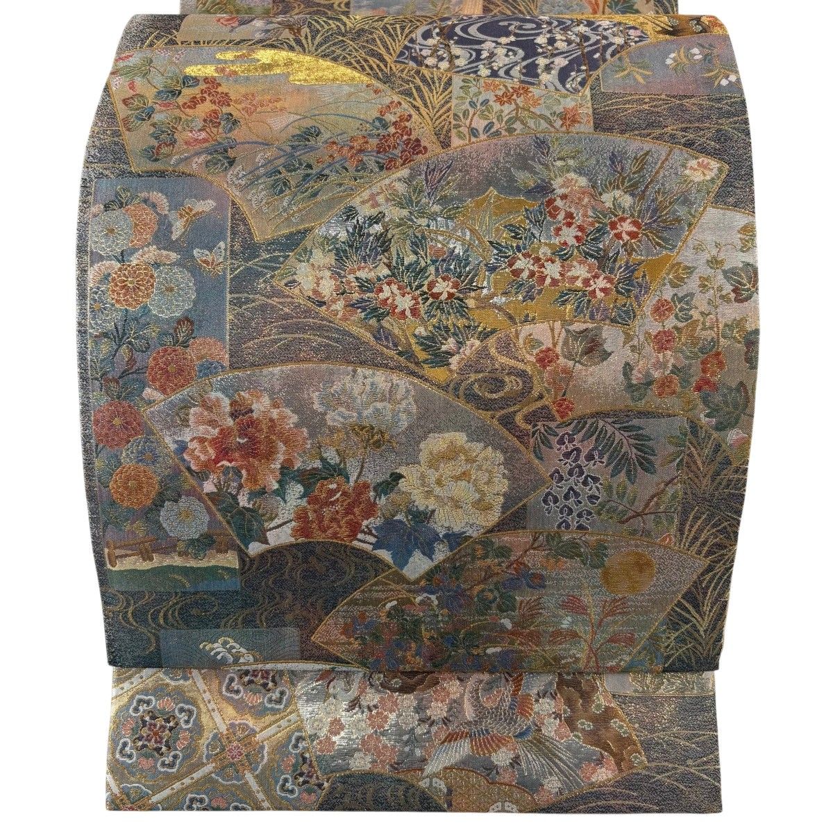 【美品】 丸帯 逸品 分析通知書付き 伝承国宝図 箔 灰緑 お太鼓柄 正絹 【中古】