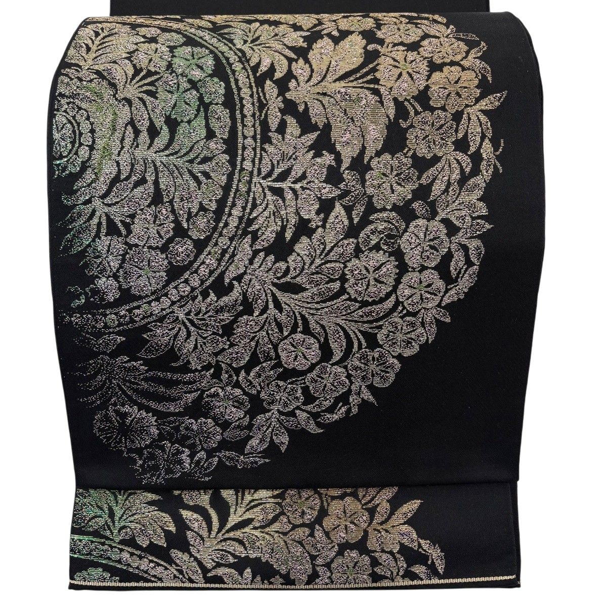 【美品】 袋帯 逸品 龍村平蔵 落款 関西仕立て 宝鏡唐華文 箔 黒 六通 正絹 【中古】