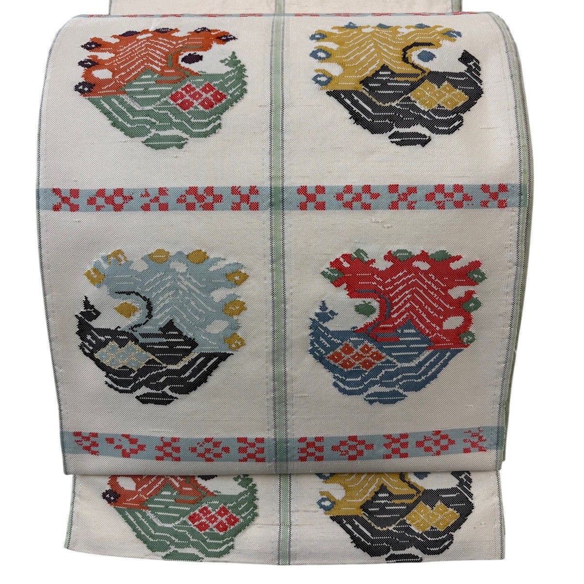 袋帯 逸品 龍村平蔵 落款 甲比丹孔雀 金銀糸 クリーム 六通 正絹 【中古】