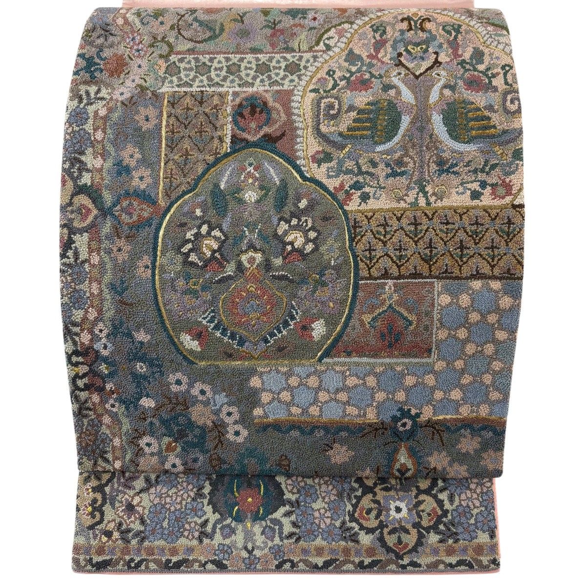 【美品】 袋帯 逸品 向かい鳥 草花 金糸 相良刺繍 灰緑 お太鼓柄 正絹 【中古】