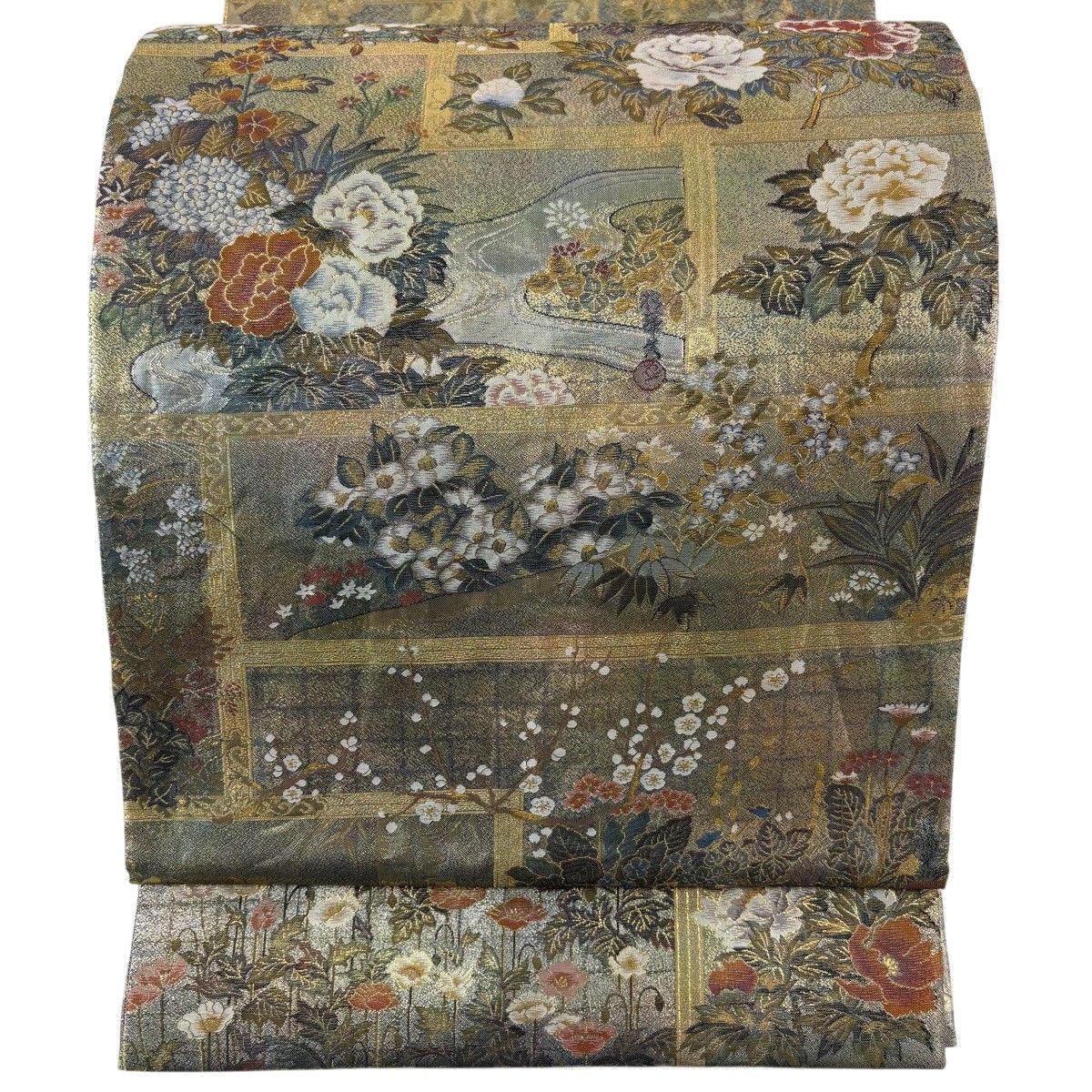 【美品】 袋帯 逸品 琳派大全集 草花 枝花 本金プラチナ箔 金色 お太鼓柄 正絹 【中古】