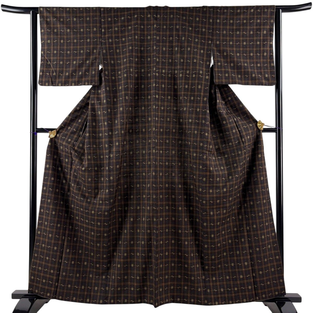 紬 身丈161.5cm 裄丈63cm S 袷 井桁絣 格子 焦茶色 正絹 名品 【中古】