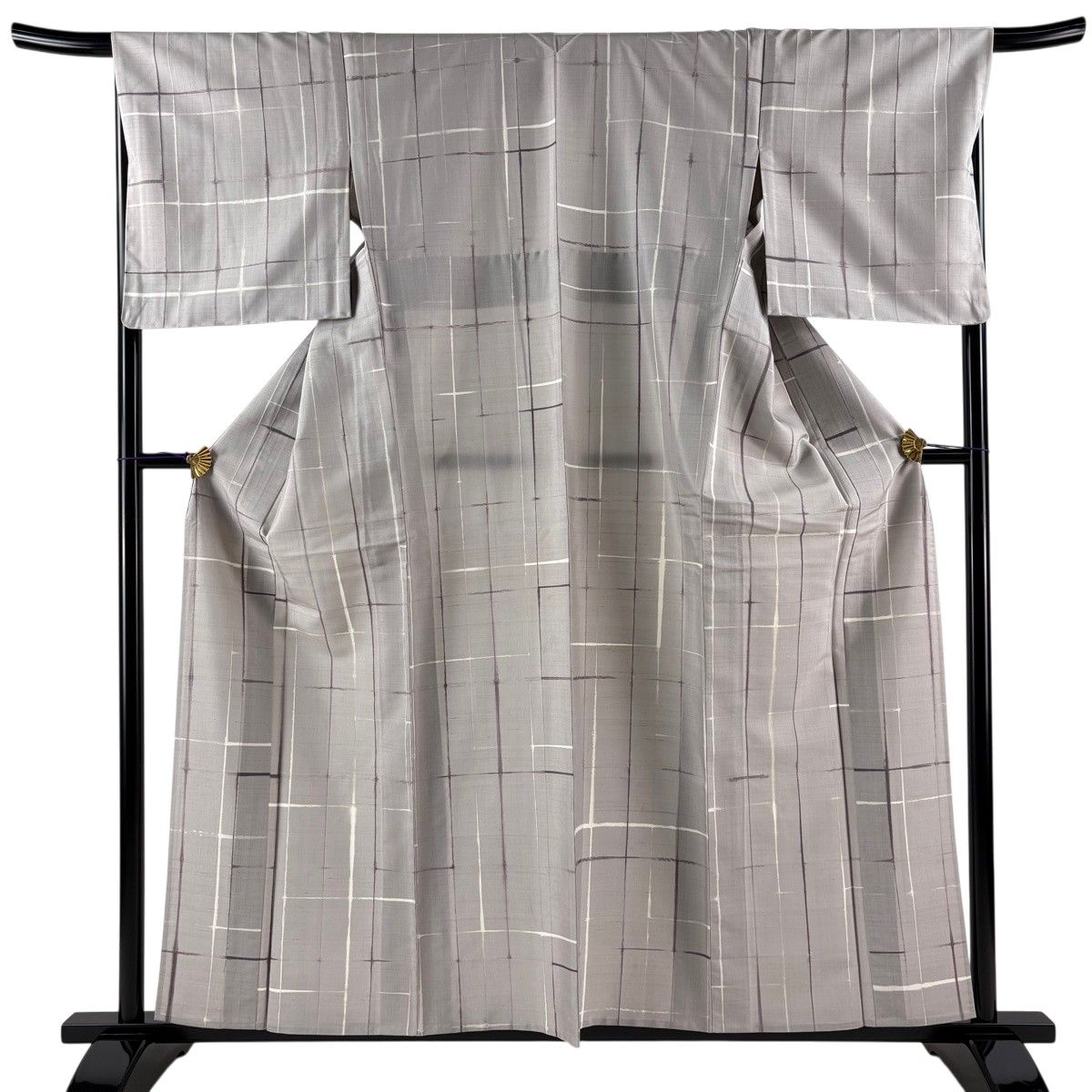 【美品】 小紋 身丈158.5cm 裄丈68cm L 単衣 紬地 縞 灰色 正絹 名品 【中古】