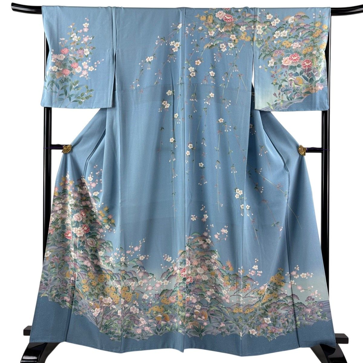 訪問着 身丈164.5cm 裄丈68cm L 袷 牡丹 鴛鴦 金彩 ぼかし 青灰色 正絹 名品 【中古】