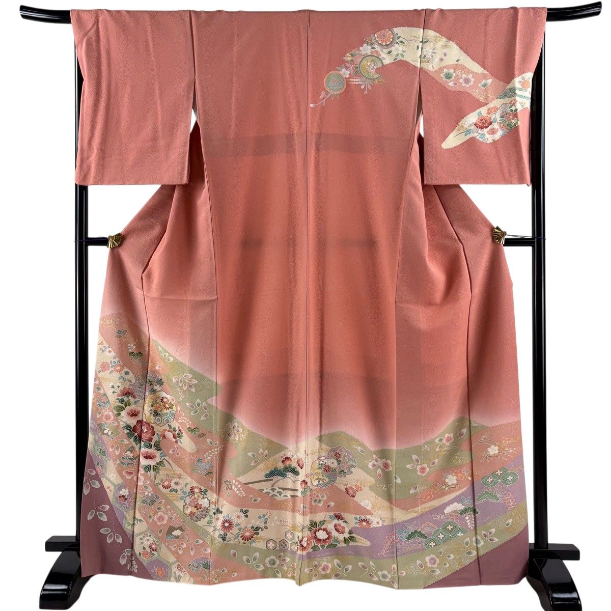 訪問着 身丈167cm 裄丈67.5cm L 袷 草花 扇 金糸 金銀彩 ピンク 正絹 名品 一つ紋 【中古】