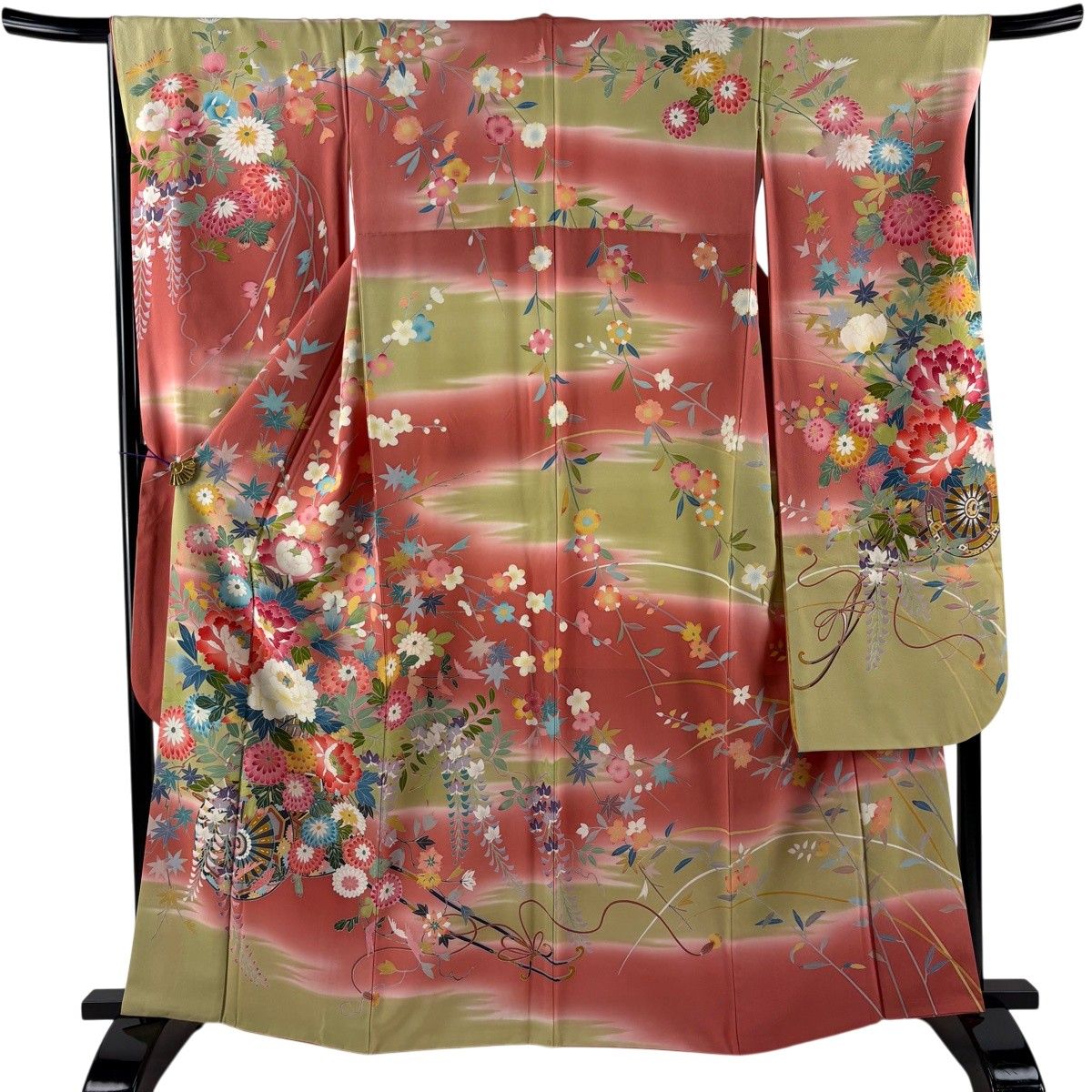 振袖 身丈163.5cm 裄丈67.5cm L 袷 花車 霞 染め分け ピンク 正絹 名品 【中古】