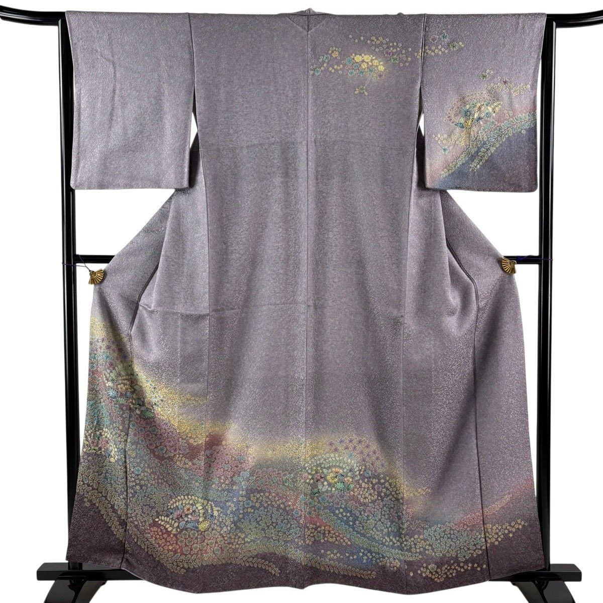 【美品】 訪問着 身丈160.5cm 裄丈64cm M 袷 草花 絞り ぼかし 灰紫 正絹 名品 【中古】