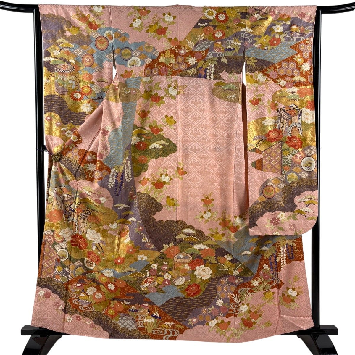 振袖 身丈159.5cm 裄丈63.5cm S 袷 御所車 花鳥 金糸 金彩 ピンク 正絹 名品 【中古】