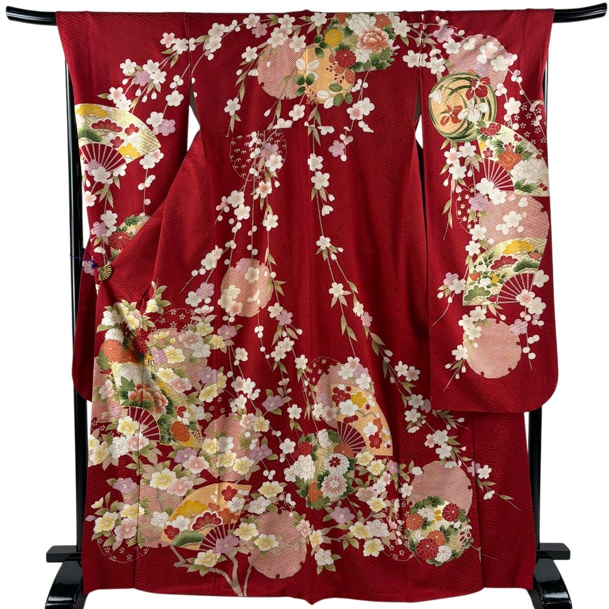 振袖 身丈168.5cm 裄丈68.5cm L 袷 扇 草花 金糸 金彩 赤 正絹 名品 【中古】