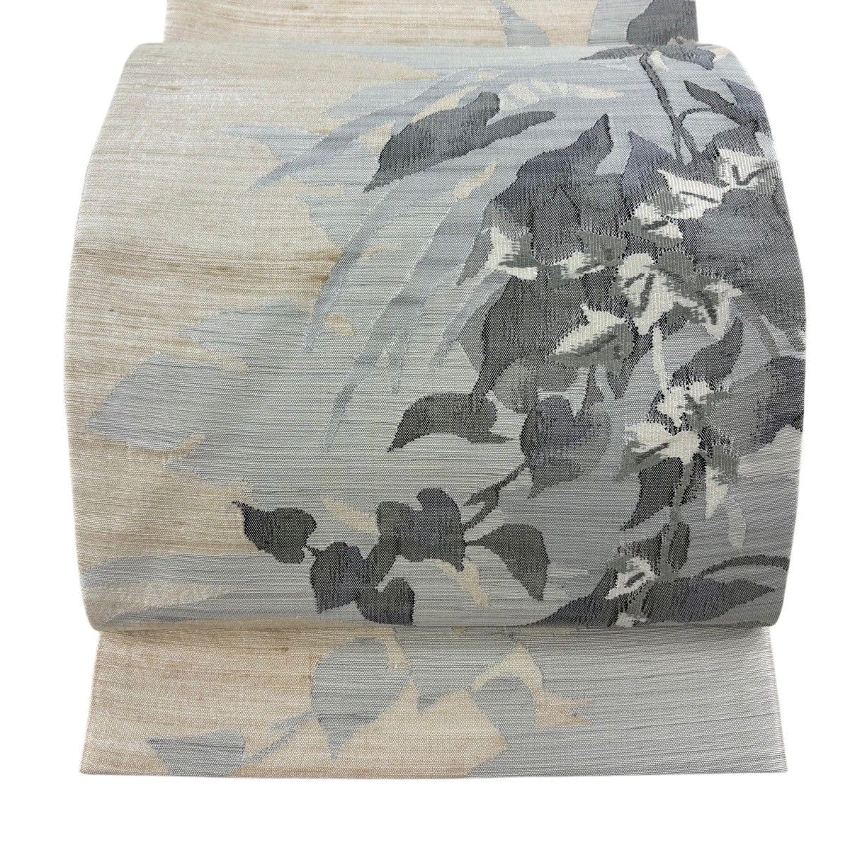 【美品】 袋帯 名品 葉 シルエット ベージュ お太鼓柄 正絹 【中古】