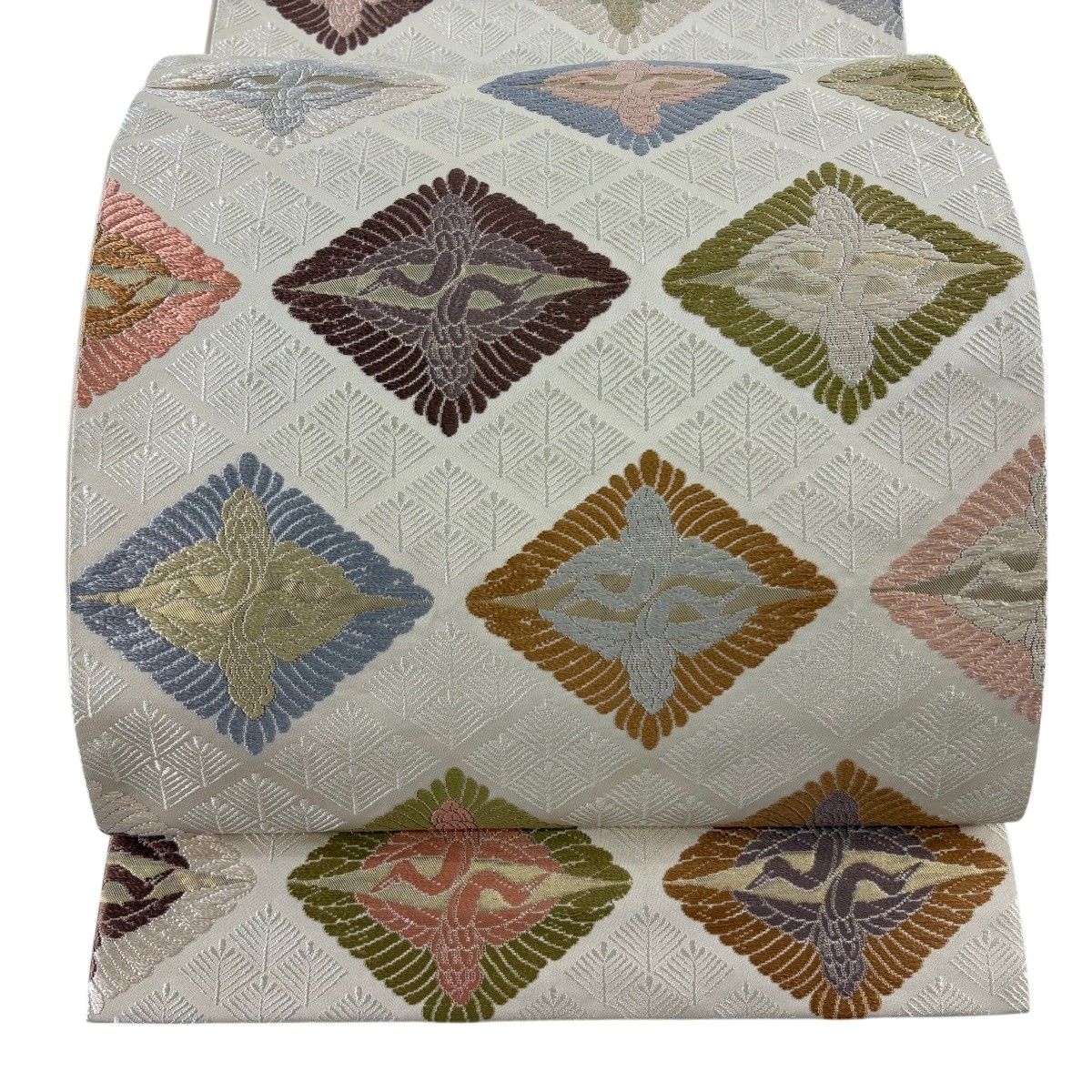 【美品】 袋帯 名品 鈴乃屋 鶴 若松 唐織 箔 ベージュ 六通 正絹 【中古】