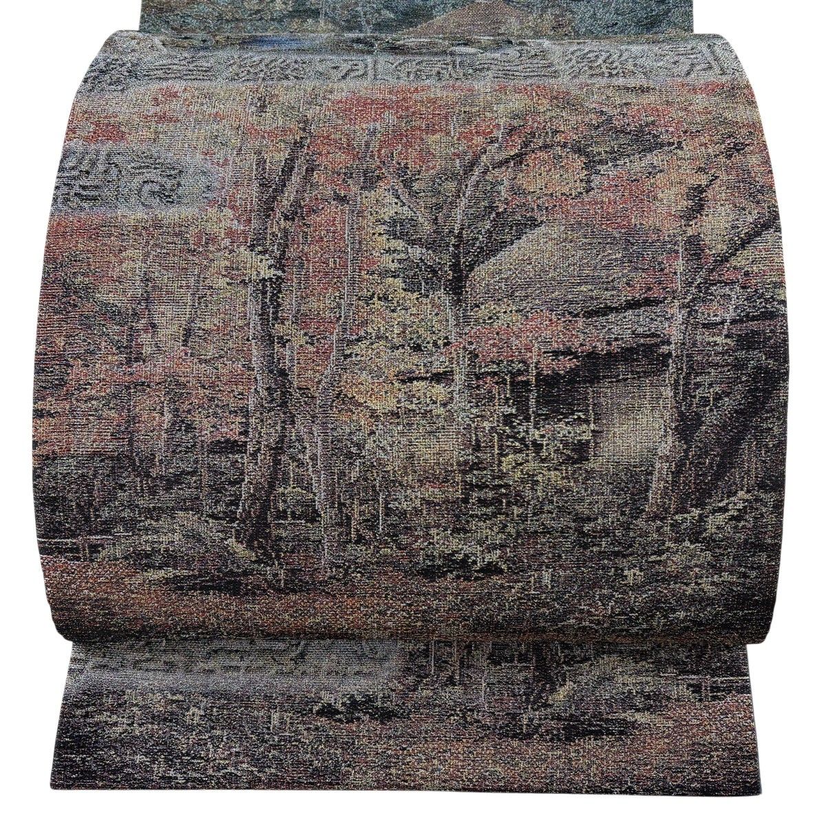 【美品】 袋帯 名品 風景 樹木 箔 青灰色 お太鼓柄 正絹 【中古】